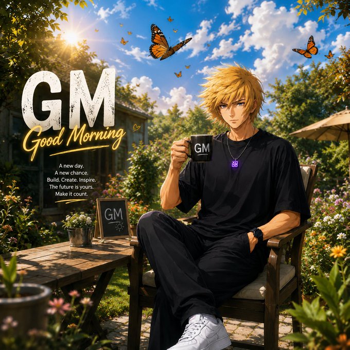 An anime-style character with blonde hair sits outdoors holding a black 'GM' mug, with 'GM Good Morning' text and an inspirational message displayed alongside butterflies in a garden setting.