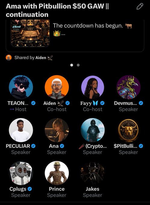 A screenshot of an X (Twitter) Space audio room titled 'Ama with Pitbullion $50 GAW || continuation', hosted by 'TEAON...', with several other participants listed as speakers.