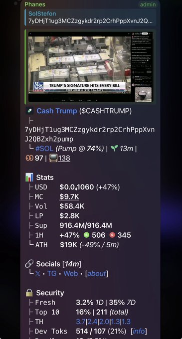 A cryptocurrency tracking app displays information for 'Cash Trump' ($CASHTRUMP), showing stats like a market cap of $9.7K, price of $0.01060, and a Fox News clip titled 'TRUMP'S SIGNATURE HITS EVERY BILL'.