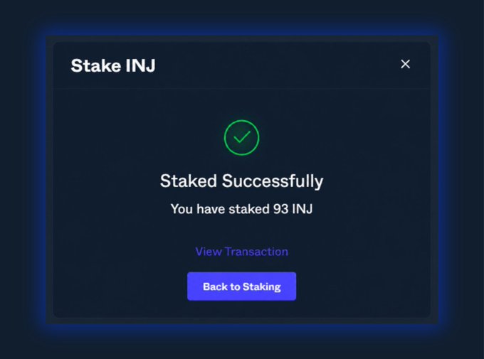 A dark-themed confirmation modal showing 'Stake INJ' with a green checkmark and the message 'Staked Successfully - You have staked 93 INJ', along with 'View Transaction' and 'Back to Staking' buttons.
