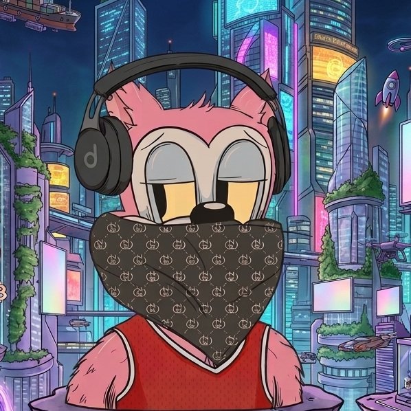 A digital illustration of a pink cartoon character wearing Beats headphones, a red jersey, and a brown Gucci-patterned bandana face covering, set against a futuristic neon cityscape.