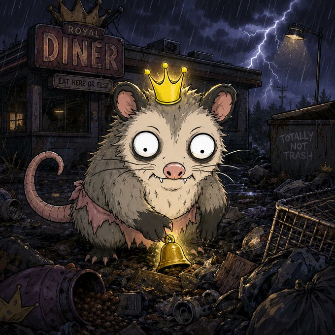 An illustrated cartoon of a wide-eyed possum wearing a golden crown and a tattered pink tutu, standing in a trash-filled alley next to a bell, with a 'Royal Diner' sign reading 'Eat Here or Else', a dumpster marked 'Totally Not Trash', and lightning in the background.
