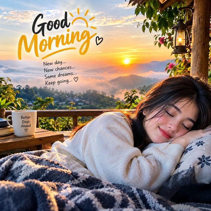 A serene sunrise scene with a smiling woman resting against a pillow, accompanied by the text "Good Morning," "New day... New chances... Same dreams... Keep going..." and a mug labeled "Better Days Ahead."