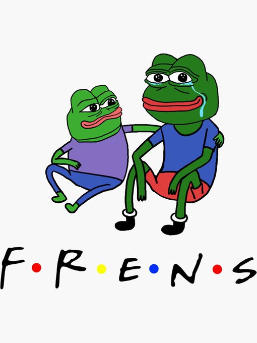 Two crying cartoon frogs (Pepe-style) in purple and blue shirts below the colorful text 'F·R·E·N·S'.
