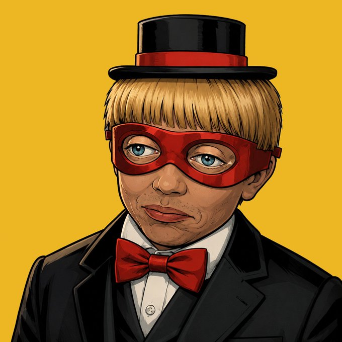 A stylized digital illustration of a person with short blonde hair wearing a black top hat with a red band, a red domino mask, a black suit, and a red bow tie against a yellow background.