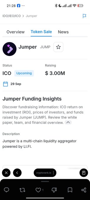 A mobile screenshot of the IDO/ICO page for the Jumper (JUMP) token shows an upcoming token sale with a fundraising target of $3.00M, described as 'a multi-chain liquidity aggregator powered by LI.FI.'
