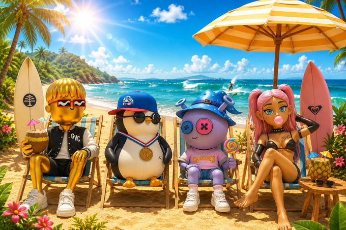 A colorful, stylized beach scene featuring characters including a golden humanoid, a penguin with a USA cap and medal, a stitched-together bear, and a pink-haired figure lounging under a striped umbrella with surfboards.