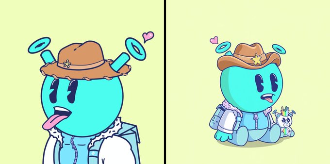 An illustration of a round, blue cartoon character in a split panel, depicted wearing a cowboy hat in two different poses.