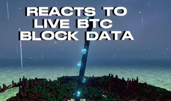 The image shows a Minecraft-style scene featuring a tall black monolith with blue glowing elements rising from a blocky landscape, overlaid with the text "REACTS TO LIVE BTC BLOCK DATA."

The image visually represents the dynamic, real-time nature of the artwork described in the post—the towering monolith symbolizes how NFT pieces grow and evolve ("gaining height over time") in response to live Bitcoin blockchain data, illustrating the ACCRETION concept where progression is tied to actual on-chain activity.
