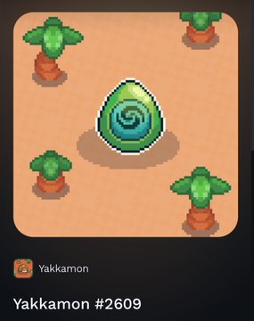 A NFT artwork titled 'Yakkamon #2609' by creator Yakkamon, depicting a similar green egg creature surrounded by palm trees on a sandy background.