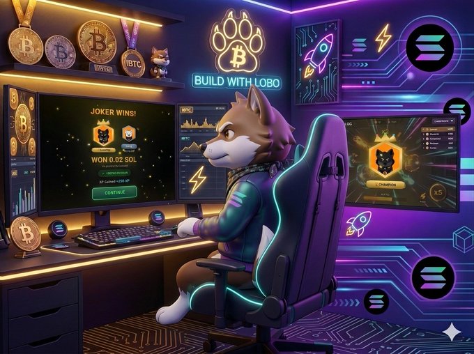 The image features a cartoon dog sitting at a desk with two computer monitors, one of which has a Bitcoin symbol on it. The background shows a neon purple wall with various logos and icons related to Bitcoin and cryptocurrency. A keyboard and mouse are also present in front of the dog's chair. The caption for the image reads: " Want to grow with 𝐴𝐵𝐲𝐿𝐱𝐶𝐰? Step 1: Join the community Step 2: Play on Solgan.gg Step 3: Share your results Let’s build together #LOBO #Solana".