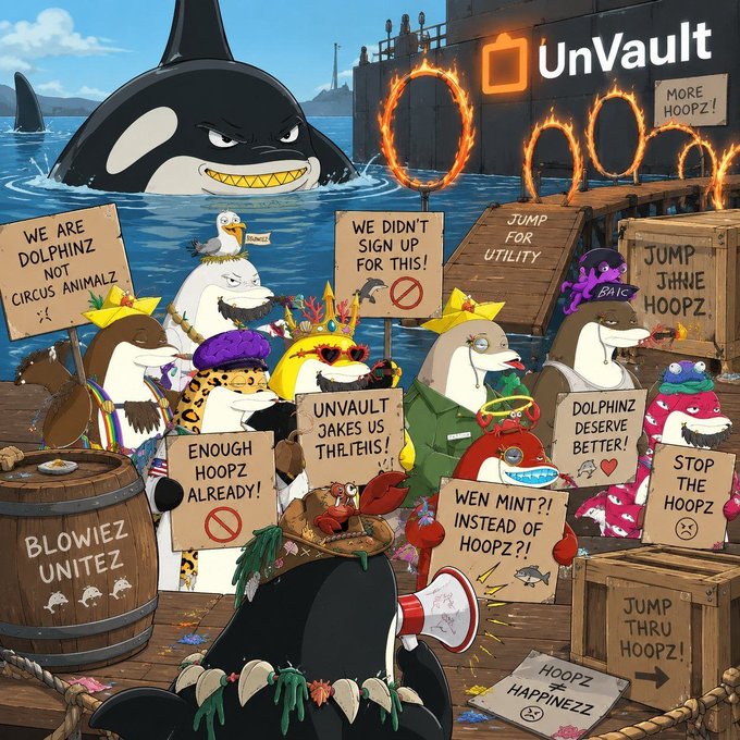 A colorful cartoon illustration titled 'UnVault' depicting various anthropomorphic sea creatures protesting with signs reading 'WE ARE DOLPHINZ NOT CIRCUS ANIMALZ,' 'JUMP FOR UTILITY,' and 'DOLPHINZ DESERVE BETTER,' while a menacing orca looms behind them.