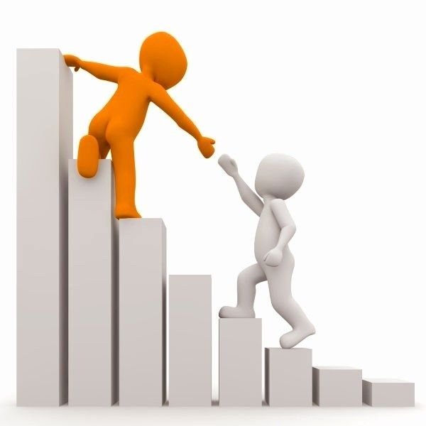 An orange 3D figure climbs upward on a descending staircase of bar graphs while reaching back to pull up a white figure, symbolizing mentorship and community support. The image illustrates the post's message of following, supporting, and growing together—particularly fitting for the S5 campaign encouraging creators to build and connect in the $RIVER community.