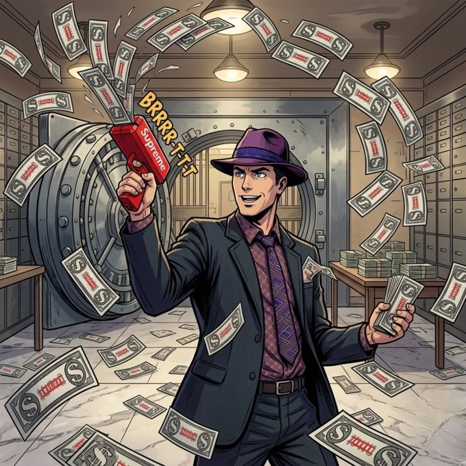 A stylishly dressed man in a fedora and suit stands triumphantly in a bank vault, firing a red gun labeled "Supreme" that shoots out dollar bills into the air as he holds a stack of cash in his other hand, with "BRRR" text emerging from the gun—visually representing the "GM future millionaires" sentiment by suggesting newfound wealth or gains hitting the timeline.