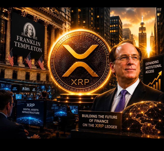 A promotional image featuring Franklin Templeton alongside an XRP coin and a businessman, with text including 'FRANKLIN TEMPLETON', 'XRP', 'BUILDING THE FUTURE OF FINANCE ON THE XRP LEDGER', and 'EXPANDING INSTITUTIONAL ACCESS'.
