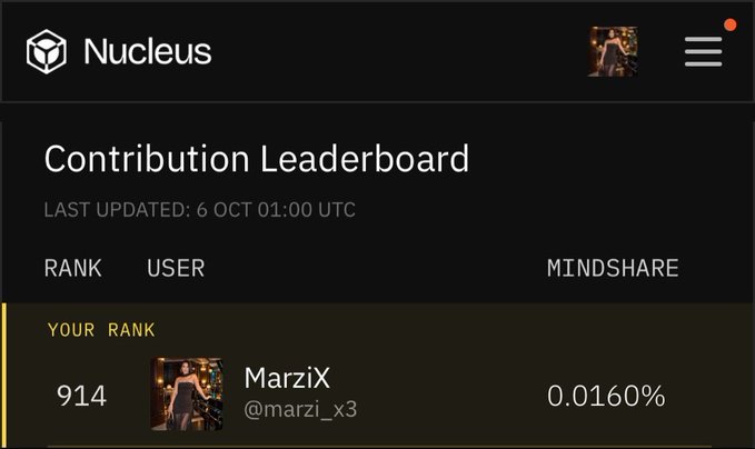 A screenshot of a Nucleus Contribution Leaderboard showing user 'MarziX (@marzi_x3)' ranked 914 with a Mindshare of 0.0160%, last updated on 6 Oct 01:00 UTC.