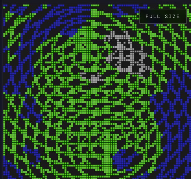 A digital pixelated artwork in green, blue, black, and white displays a skull-like design with a 'FULL SIZE' label in the upper right corner.