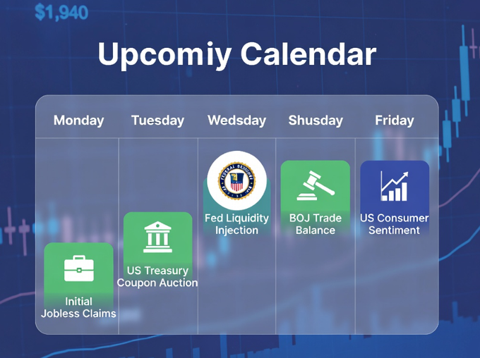 An 'Upcoming Calendar' graphic with a stock chart background showing a weekly schedule of financial events: Initial Jobless Claims (Monday), US Treasury Coupon Auction (Tuesday), Fed Liquidity Injection (Wednesday), BOJ Trade Balance (Thursday), and US Consumer Sentiment (Friday).