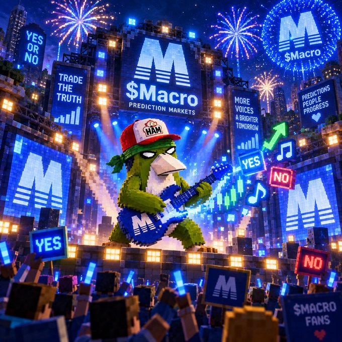 A vibrant promotional graphic for '$Macro PREDICTION MARKETS' featuring a green bird mascot wearing an 'HAM' cap and playing an electric guitar on a concert stage with fireworks, '$Macro' logos, and YES/NO signs.