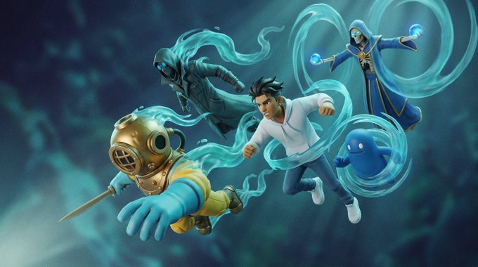 An underwater scene showing five animated characters surrounded by swirling blue currents.