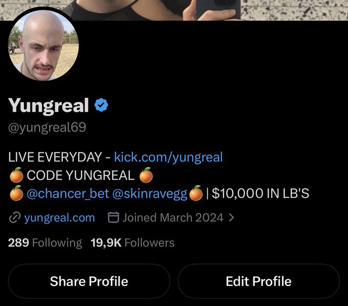 Yungreal's (@yungreal69) Twitter/X profile showing 19.9K followers, celebrating nearing the 20K milestone tied to a $2000 SOL giveaway.