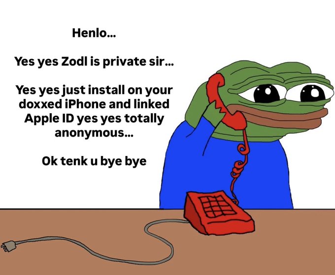 The 'Bored Pepe' meme featuring a sad green frog in a blue shirt on a red telephone, with text reading: 'Henlo... Yes yes Zodi is private sir... Yes yes just install on your doxxed iPhone and linked Apple ID yes yes totally anonymous... Ok tenk u bye bye'.