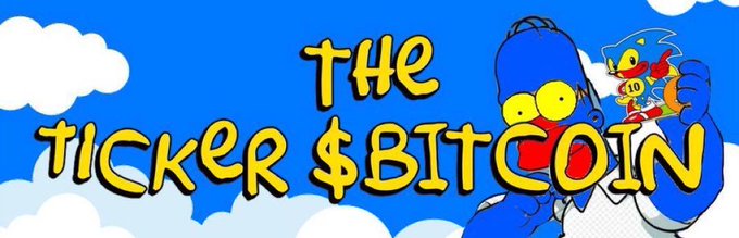 A banner-style image with bold yellow text reading "THE TICKER $BITCOIN" against a blue sky background with clouds, featuring a Simpsons character holding a Bitcoin coin with a '$10' tag.