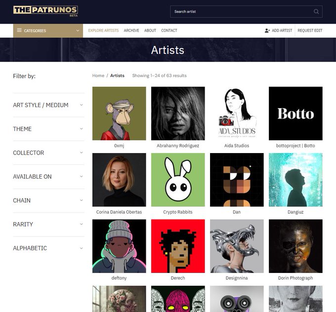 The image shows a website called "The Patrunos" that features an artist gallery page, displaying various artist profiles for people to view and choose from. There are 63 artists listed on this page, with many of them already receiving great feedback and support from the art community. The website also offers a beta version of the platform, which has been well-received by users.