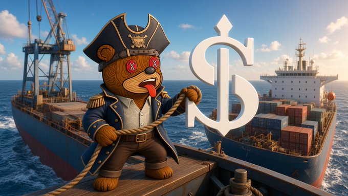 A pirate-themed teddy bear with an eye patch and captain's hat holds a rope on a ship deck, with cargo ships and a dollar sign in the background.
