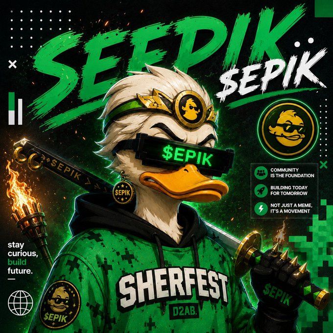 A stylized digital artwork featuring a duck character wearing sunglasses with green glowing text '$EPIK' and 'SEPIK,' dressed in a green hoodie with 'SHERFEST' text, holding a spiked weapon, with side text reading 'stay curious, build future.'