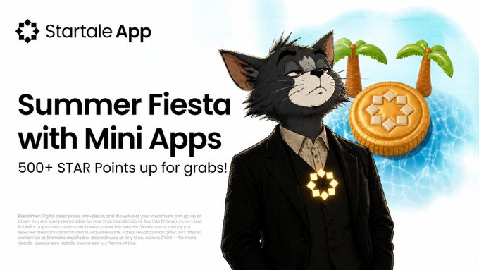 A promotional banner for 'Startale App' advertises a 'Summer Fiesta with Mini Apps' and '500+ STAR Points up for grabs!', featuring a cartoon cat in a suit.