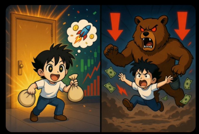 A two-panel illustration depicting trading or investment concepts: left side shows a character excited with money bags in front of a glowing door with a rocket chart, right side shows a character being chased by a bear with falling arrows.