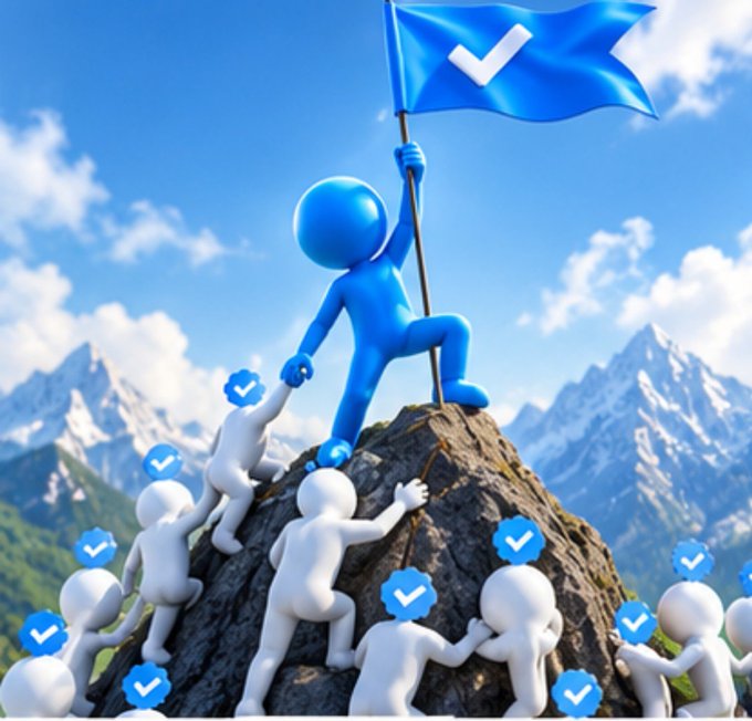 A 3D illustration depicts a blue figure standing atop a mountain peak, planting a flag bearing the Meta verification checkmark, while white figures below scramble to climb the mountain, also displaying the blue checkmark icons.