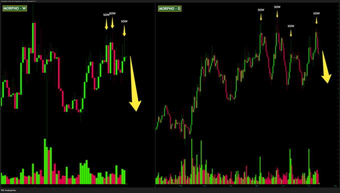 A side-by-side comparison of $MORPHO on the Weekly and Daily timeframes, showing multiple "SOW" (Sign of Weakness) annotations at recent highs with downward arrows highlighting the bearish pinbar rejection and subsequent price decline, visually reinforcing the post's argument that $MORPHO is looking extremely weak despite its strong fundamentals.
