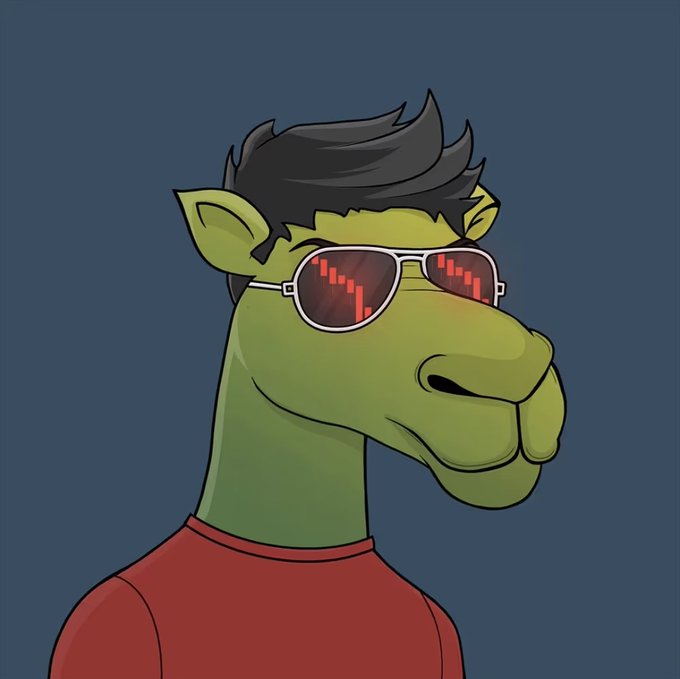A digital illustration of a green anthropomorphic horse or dragon-like character with black hair, wearing reflective aviator sunglasses showing a red bar graph reflection, and a red shirt against a blue background.