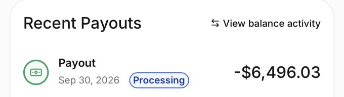 A 'Recent Payouts' screenshot showing a processing payout of -$6,496.03 dated Sep 30, 2026, with an option to view balance activity.