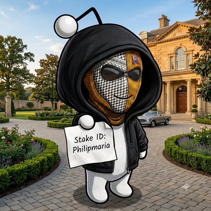 A cartoon figure in a black hoodie and patterned mask stands before a mansion, holding a sign reading "Stake ID: Philipmaria," matching the post's giveaway entry under that same Stake ID with hashtags #PP #PPBOS.