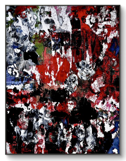 An abstract expressionist painting featuring bold red, white, black, and blue colors with thick textured brushstrokes and a frame border.