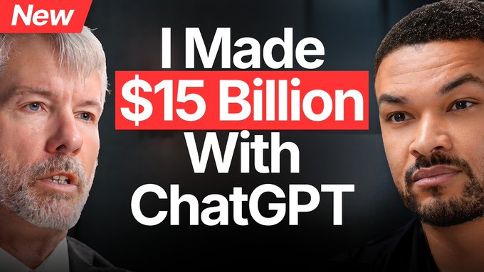 A YouTube-style thumbnail with bold text reading 'I Made $15 Billion With ChatGPT', a 'New' tag, and two men pictured on either side.