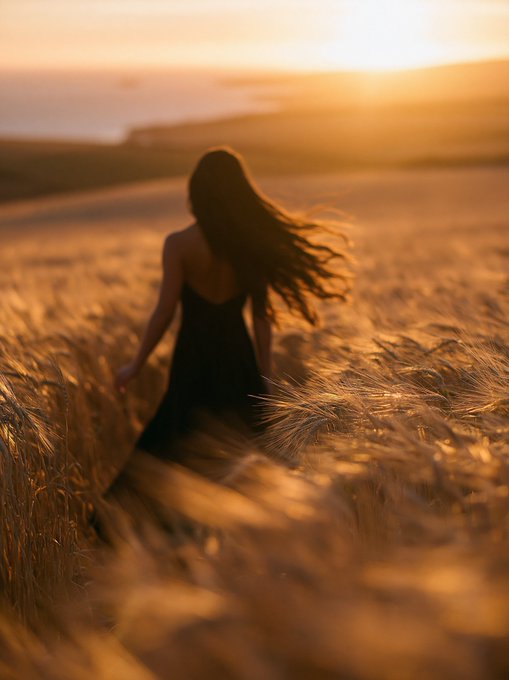A woman with long flowing hair, wearing a black dress, walks through a golden wheat field at sunset.