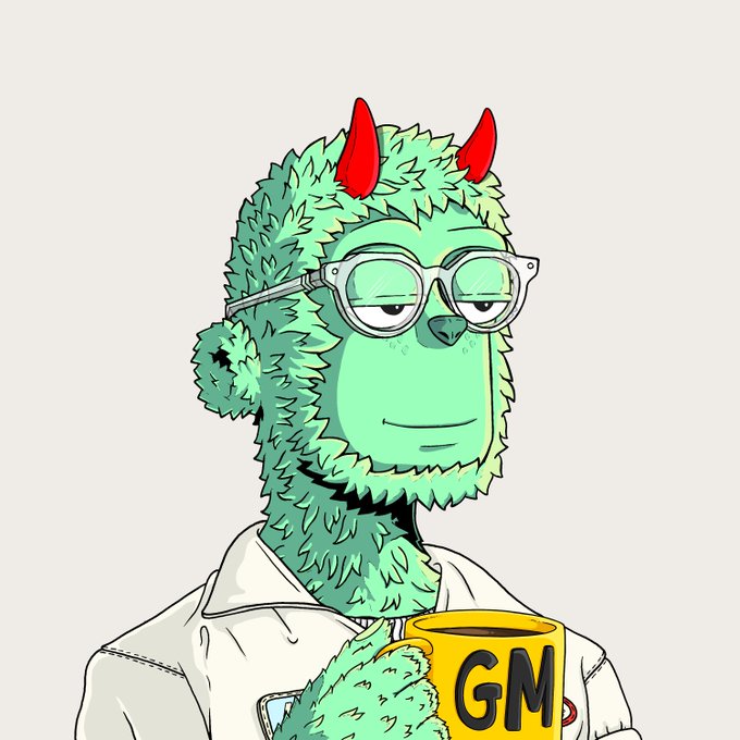 This digital art NFT depicts a mint green, furry creature with red horns and glasses, holding a yellow mug with "GM" printed on it, representing the purchase described in the post.