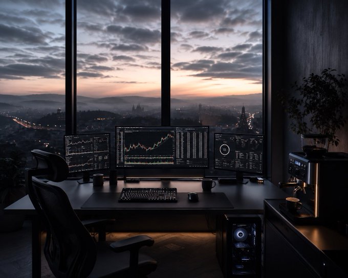 A dark, modern home office setup with a triple-monitor computer setup displaying trading charts, positioned in front of a large window overlooking a city at sunset.