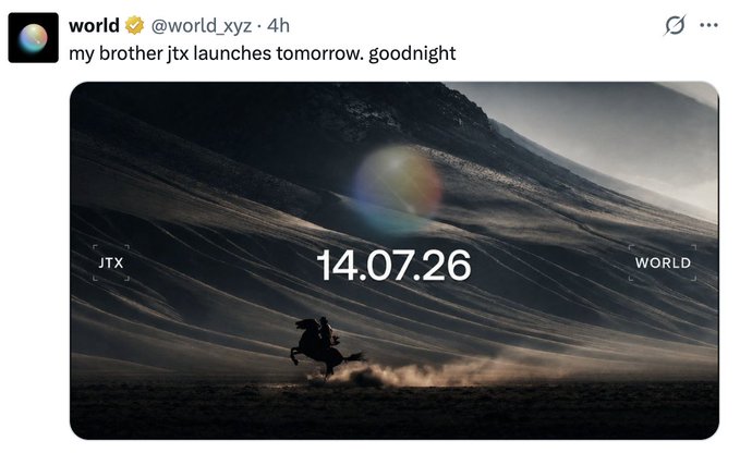 A tweet from 'world @world.xyz' saying 'my brother jtx launches tomorrow. goodnight' alongside an image showing a rider on horseback galloping through a desert with 'JTX', '14.07.26', and 'WORLD' text overlaid.
