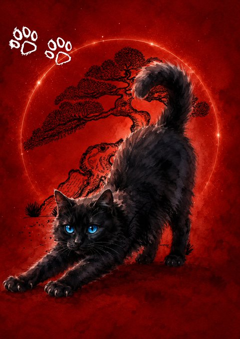 Digital illustration of a black cat with bright blue eyes stretching forward against a deep red background featuring a stylized bonsai tree and a glowing ring, with paw prints in the upper left corner.