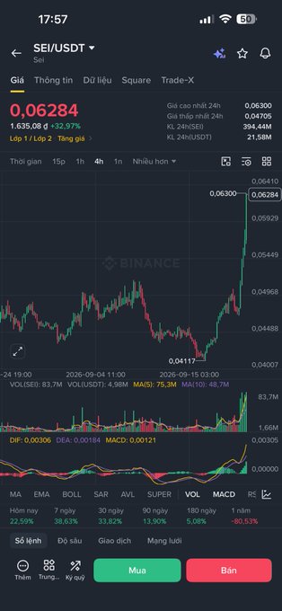 A Binance mobile app displays the SEI/USDT price chart with the current price at 0.06284, showing a 24-hour high of 0.06300 and 24-hour volume of 294.48M.