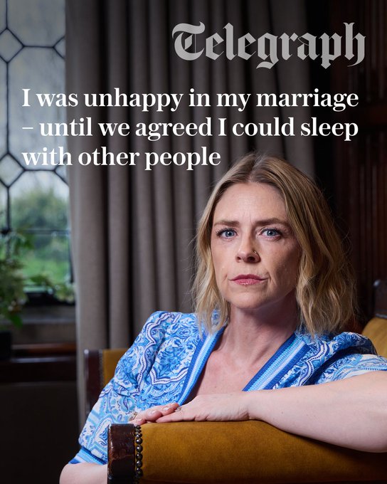 A Telegraph article cover featuring a blonde woman in a blue patterned blouse, with the headline 'I was unhappy in my marriage – until we agreed I could sleep with other people.'