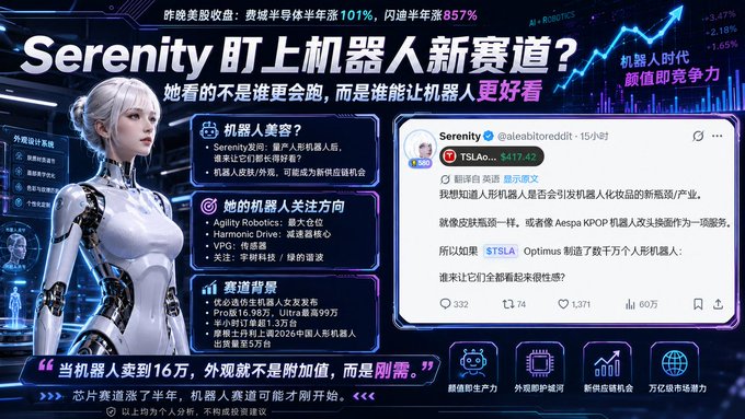 A Chinese-language infographic titled 'Serenity BT上机器人新赛道?' featuring a humanoid robot woman and analyzing trends in the robot industry, with statistics about semiconductor revenue (101% YoY, 857% YoY) and a tweet from @alebabitcred1 mentioning $TSLA Optimus.