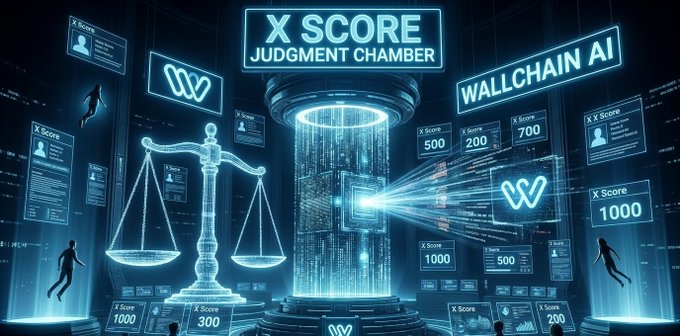 In this graphic, there are two main elements related to a judge chamber within a virtual courtroom setting. On the left side of the room, there's a person holding scales, possibly a symbol for justice or a method of measuring disputes. On the right side of the room, another scale can be seen, adding depth to the scene and indicating that multiple judgments are being recorded. In addition to these figures, several other people appear in different parts of the courtroom, likely participants or observers to the legal proceedings. Above them, there's a banner containing text about X-Score Judgment Chambers, suggesting they might be discussing or analyzing some specific case related to this chamber system.