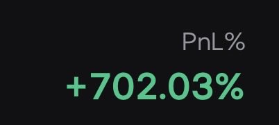 A simple dark graphic shows 'PnL% +702.03%' in bright green text, highlighting a substantial percentage profit.