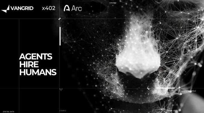A dark, digital-themed graphic features the logos 'VANGRID' and 'Arc' alongside the bold text 'AGENTS HIRE HUMANS' against a background of a person's silhouette composed of glowing particles.